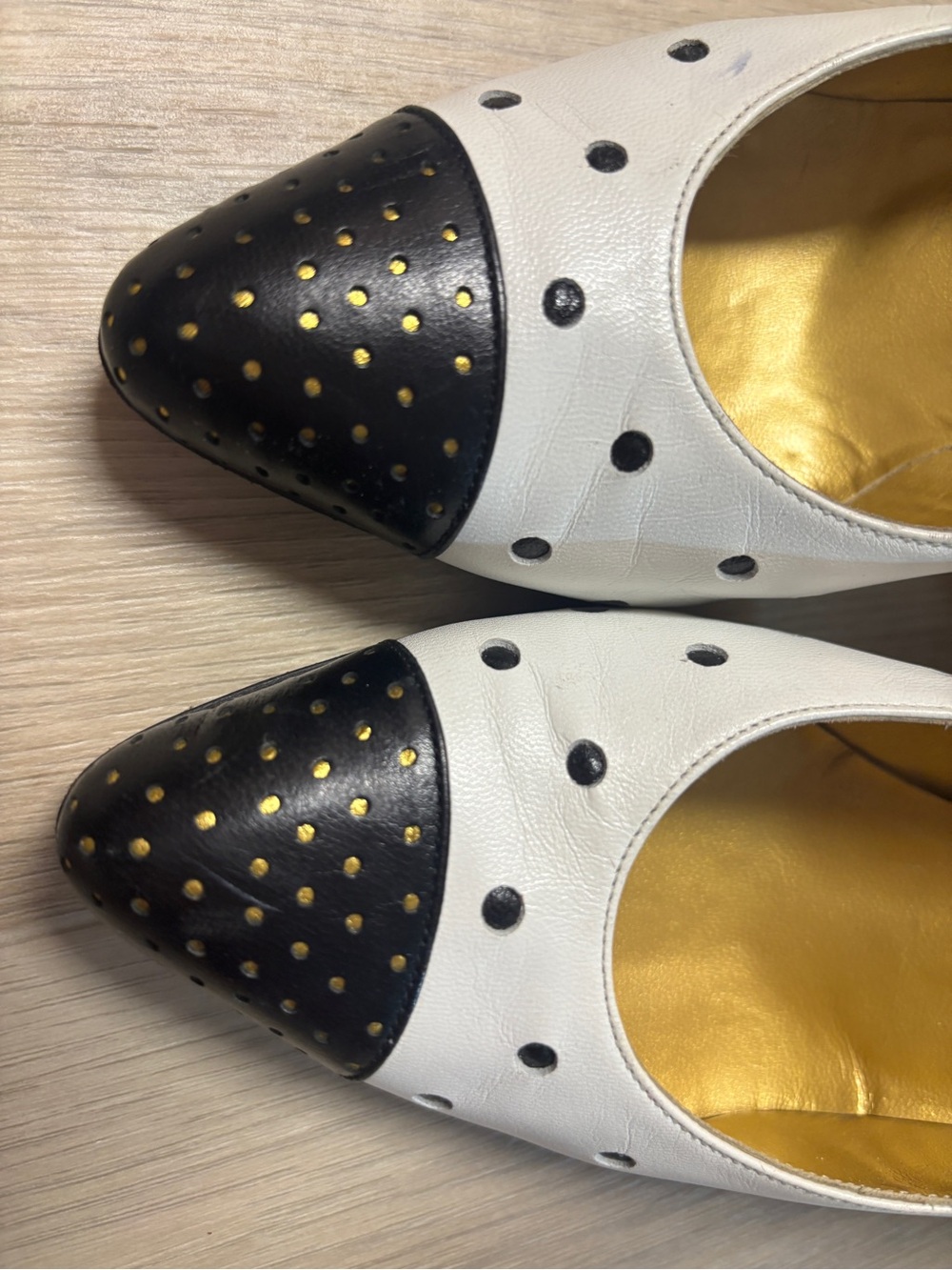Anne Klein White Pumps with Black and Gold Toe Cap